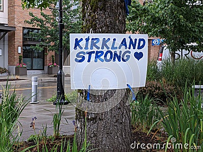 View of a Kirkland Strong motivational poster downtown during the coronavirus outbreak Editorial Stock Photo