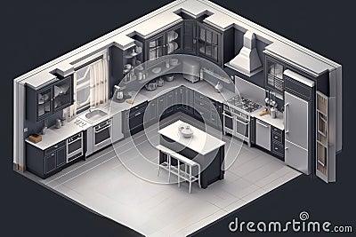 A view of a kitchen with a sink, stove, refrigerator, and stool. AI generative image. Stock Photo