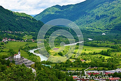 View of Kobarid basin and the Italian charnel house with SoÄa river Stock Photo