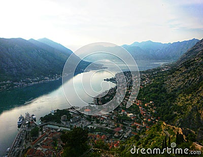 View Kotor bay Montenegro Boka Kotorska Panorama Adriatic sea Cotor Stock Photo