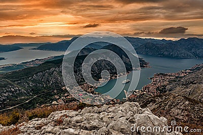 The view of Kotor and Boka bay from above in the sunset, Monten Stock Photo