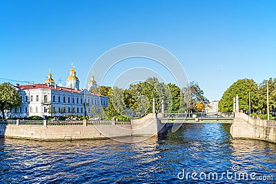 View Krasnogvardiysky bridge over Griboyedov Canal in the historic district of Kolomna in St. Petersburg Editorial Stock Photo