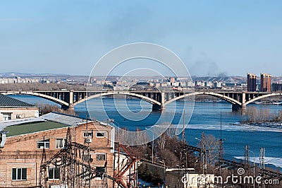 View on Krasnoyarsk and bridge over the river Stock Photo