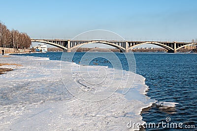 View on Krasnoyarsk and bridge over the river Stock Photo