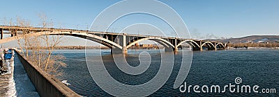 View on Krasnoyarsk and bridge over the river Stock Photo