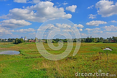 View of Kremlin and Church of Boris and Gleb from Ilyinsky meadow in Suzdal, Russia Stock Photo