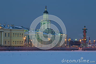 View of the Kunstkammer building in the February twilight, Saint-Petersburg Editorial Stock Photo