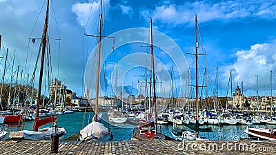 View of La Rochelle Harbour sailboat masts under the blue sky, France Editorial Stock Photo
