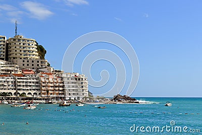 View of the lagoon from behind the green cliff. Monteregro. Becici Stock Photo