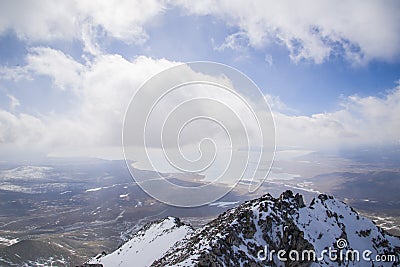 A view of the lake Hovsgol from the top of mount Munch-Sardyk. Stock Photo