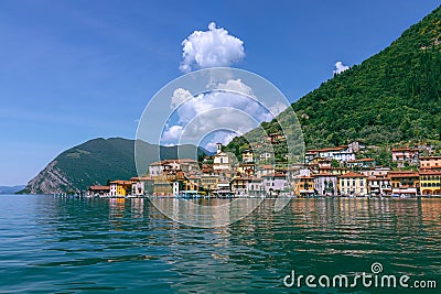 View from the lake of Iseo on the small town of Sulzano Stock Photo