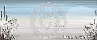 View on lake with landscape, reeds in the foreground and a duck on the water.Vector illustration Stock Photo
