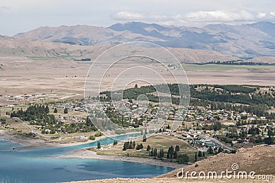 View of Lake Tekapo and town Stock Photo