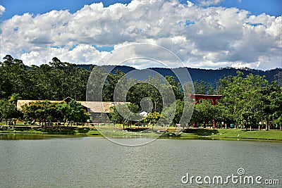 View of the lake and the Torii portal of the Centennial Park of Mogi das Cruzes Editorial Stock Photo