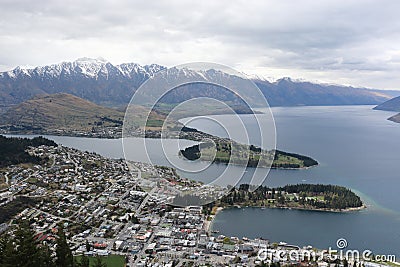 View of Lake Wakatipu, The Remarkables mountains and Queenstown New Zealand Stock Photo