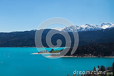 View on the Lake Walchensee from the top of Herzogstand Stock Photo