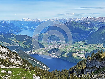 View of Lakes Lucerne or VierwaldstÃ¤ttersee / Vierwaldstaettersee or Vierwaldsattersee and Alpnachersee from the Pilatus mountain Stock Photo