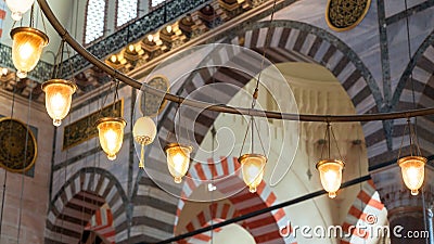 View of lamps inside the Suleymaniye mosque in Istanbul, Turkey Editorial Stock Photo