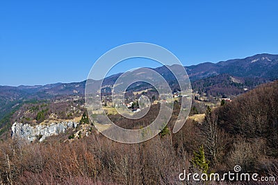 View of the landscape at the edge of Trnovo forest plateau covered in forest Stock Photo