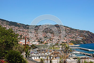 View of the landscape, hills and beach of Funchal town, Madeira, Portugal. Editorial Stock Photo