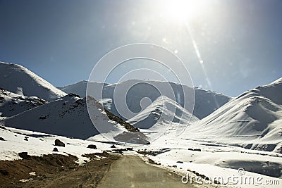 View landscape with Himalayas mountains range between Khardung La road pass go to Nubra Valley in Hunder city while winter season Stock Photo
