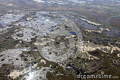 View of the landscape in the Okovango Delta from an airplane with wildlife trails Stock Photo