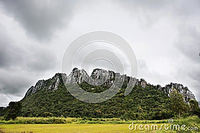 View landscape paddy rice field and landmarks KaoNor KaoKaew Limestone mountains for thai people and foreign travelers travel Stock Photo