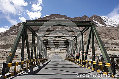 View landscape with road bridge crossing sindhu river at Diskit - Turtok Highway and Pangong lake road go to Khardung La Road Stock Photo