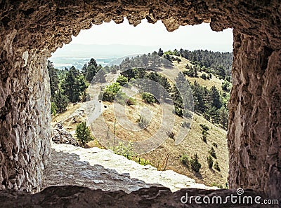 View of landscape from the ruins of castle Cachtice, Slovakia Stock Photo