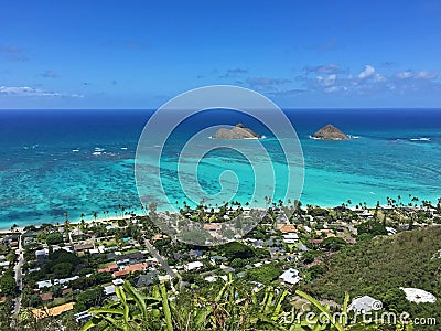 View of Lanikai Beach from Pillbox Trail, Oahu, Hawaii Stock Photo