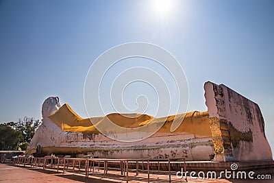 View of large Buddha statue sleeping posture with sky view at Sa Stock Photo