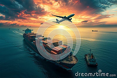 View of a large container cargo ship and air cargo Stock Photo