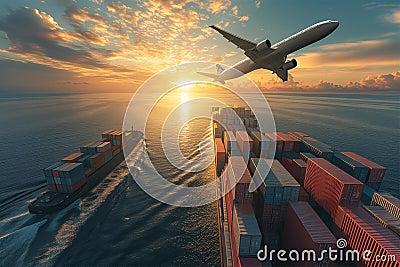 View of a large container cargo ship and air cargo Stock Photo