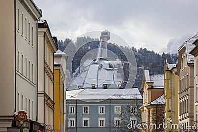 View from Leopold street of Bergisel Ski Jump, Innsbruck, Austria Editorial Stock Photo