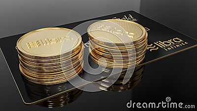 View of Libra black credit card GOLD and golden Libra coins Editorial Stock Photo