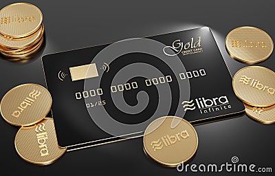 View of Libra gold-black credit card lying on a white background with golden libra coins Editorial Stock Photo