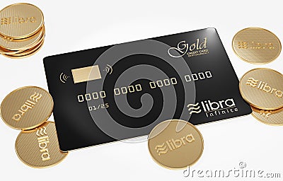 View of Libra gold-black credit card lying on a white background with golden libra coins Editorial Stock Photo