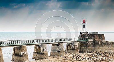 View of the Lighthouse of the Grande JetÃ©e large pier at Sables d Olonnes Stock Photo