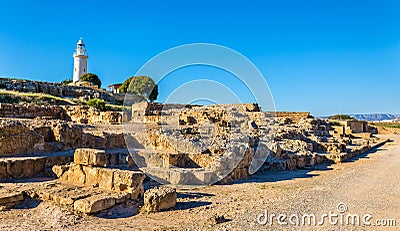View of lighthouse and Paphos Archaeological Park Stock Photo