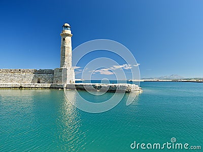 View of the lighthouse in the port of Rethymnon Stock Photo
