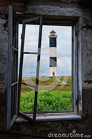 View of the lighthouse through the windows Stock Photo