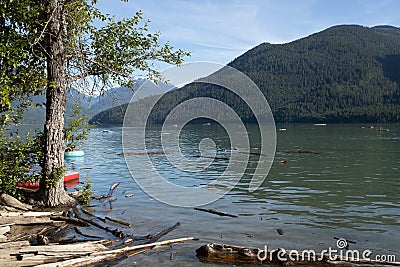 View of Lillooet Lake with mountains in the background taken from Strawberry Point Campground near Pemberton Editorial Stock Photo