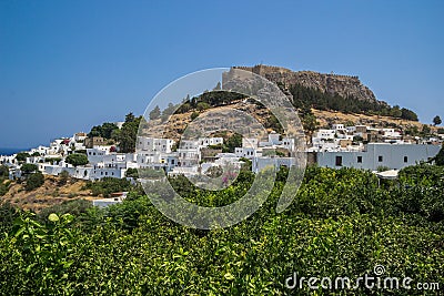 View for a Lindos City and the bay at Rhodes Island Stock Photo