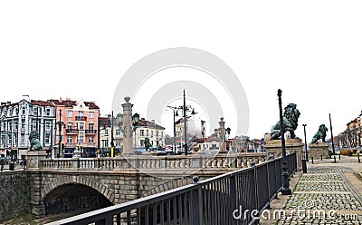 View of the Lion Bridge from 1889 with lion sculptures, ancient buildings, traffic lights and Vladaya river Editorial Stock Photo