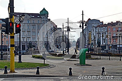 View of Lion`s Bridge from 1889 with lion sculptures, ancient buildings, intersection and traffic lights Editorial Stock Photo