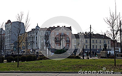 View of Lion`s Bridge from 1889 with lion sculptures, ancient buildings, intersection and traffic lights, Sofia, Bulgaria Stock Photo