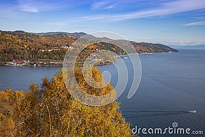 View of Listvyanka village and the source of the Angara River from the hill above Baikal port Stock Photo