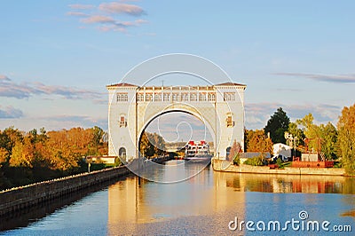 View of the lock on the Volga river near Uglich. Autumn nature. Stock Photo