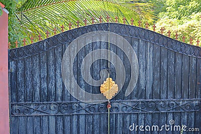 View of locked old iron gate for farm safety Stock Photo