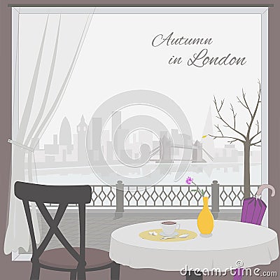 View of London cityscape from cafe window. Vector Illustration